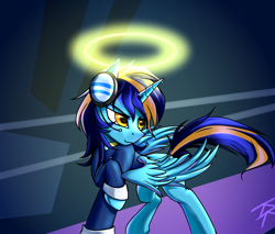 Size: 1880x1600 | Tagged: safe, artist:ktk's sky, imported from derpibooru, oc, oc only, alicorn, pony, alicorn oc, clothes, halo, headset, horn, male, shirt, solo, stallion, wings