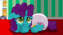 Size: 1280x720 | Tagged: safe, artist:spellboundcanvas, imported from derpibooru, oc, oc only, pony, unicorn, awakening, baby, baby pony, cute, diaper, female, filly, morning ponies, ocbetes, poofy diaper, sleeping, sleepy, solo, tired, weapons-grade cute, young