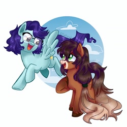 Size: 1440x1440 | Tagged: safe, artist:saltysel, imported from derpibooru, oc, oc only, earth pony, pegasus, pony, cloud, collaboration, duo, earth pony oc, eyelashes, flying, glasses, hoof on chest, looking back, open mouth, pegasus oc, raised hoof, smiling, wings