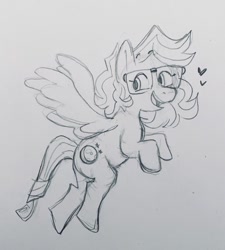 Size: 827x918 | Tagged: safe, artist:saltysel, imported from derpibooru, oc, oc only, pegasus, pony, female, flying, glasses, heart, lineart, looking back, mare, pegasus oc, solo, traditional art, wings