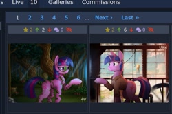 Size: 837x557 | Tagged: safe, artist:supermoix, artist:uliovka, edit, imported from derpibooru, twilight sparkle, pony, unicorn, derpibooru, collaboration, duality, juxtaposition, juxtaposition win, magic, meme, meta, mirror, multiverse, self ponidox