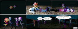 Size: 1450x551 | Tagged: safe, artist:brightstar40k, imported from derpibooru, starlight glimmer, sunset shimmer, trixie, twilight sparkle, equestria girls, 3d, ankle cuffs, arm behind back, bondage, boots, bound and gagged, chains, cloth gag, cuffs, eyes closed, gag, good end, peril, rescue, shoes, source filmmaker, swimming, tied up, underwater, untying