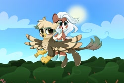 Size: 2048x1375 | Tagged: safe, artist:kittyrosie, imported from derpibooru, oc, oc:dillinger, oc:faline, deer, deer pony, griffon, original species, cute, deer oc, duo, flying, forest, forest background, griffon oc, ocbetes