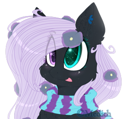Size: 2477x2421 | Tagged: safe, artist:mediasmile666, imported from derpibooru, oc, oc only, pony, bust, clothes, ear piercing, earring, female, heterochromia, high res, jewelry, mare, piercing, scarf, simple background, solo, tongue out, transparent background
