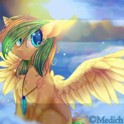 Size: 2449x2449 | Tagged: safe, artist:mediasmile666, imported from derpibooru, oc, oc only, pegasus, pony, backlighting, cloud, feather, female, floppy ears, high res, jewelry, mare, ocean, pendant, sitting, sky, spread wings, wings