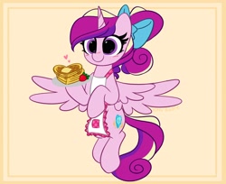 Size: 4096x3350 | Tagged: safe, artist:kittyrosie, imported from derpibooru, princess cadance, alicorn, pony, alternate hairstyle, apron, blushing, bow, clothes, cute, cutedance, digital art, female, flying, food, hair bow, heart, herbivore, high res, mare, ponytail, smiling, solo, strawberry, waffle, weapons-grade cute