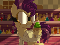 Size: 800x600 | Tagged: safe, artist:rangelost, imported from derpibooru, oc, oc only, earth pony, pony, cyoa:d20 pony, flask, freckles, goggles, indoors, male, pixel art, shop, solo, stallion, unshorn fetlocks