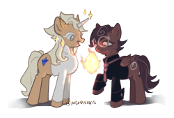 Size: 709x478 | Tagged: safe, artist:aoimaka815, imported from derpibooru, pegasus, pony, unicorn, clothes, cookie run, cookie run kingdom, duo, duo male, espresso cookie, fire, glasses, hairclip, madeleine cookie, male, males only, necktie, ponified, signature, simple background, sparkles, transparent background