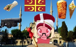 Size: 1080x675 | Tagged: safe, imported from derpibooru, oc, pony, cannon, facial hair, food, ice cream, kebab, mosque, moustache, nation ponies, ottoman, ottoman empire, ponified, turkey (country), weapon