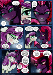 Size: 2480x3508 | Tagged: safe, artist:dsana, imported from derpibooru, fizzlepop berrytwist, tempest shadow, oc, oc:thistledown, earth pony, pony, unicorn, comic:a storm's lullaby, armor, blushing, breakup, comic, crying, crystal armor, duo, earth pony oc, female, high res, horn, mare, scar, snow, snowfall, tempest gets her horn back, this will end in tears