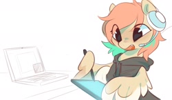 Size: 1900x1100 | Tagged: safe, artist:apple_nettle, artist:shuryashish, imported from derpibooru, oc, oc only, pegasus, pony, clothes, computer, eye clipping through hair, headset, hoodie, laptop computer, solo, stylus, tablet, wing hold