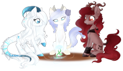 Size: 4400x2550 | Tagged: safe, artist:piichu-pi, imported from derpibooru, oc, oc only, oc:icy rose, oc:raina equinox, oc:shera lucent, pony, cloven hooves, female, horns, mare, plant