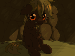 Size: 800x600 | Tagged: safe, artist:rangelost, imported from derpibooru, oc, oc only, oc:apple basket, earth pony, pony, cyoa:d20 pony, cave, colt, floppy ears, looking at you, male, outdoors, pixel art, sitting, solo