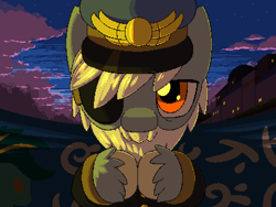 Size: 800x600 | Tagged: safe, artist:rangelost, imported from derpibooru, oc, oc only, earth pony, pony, cyoa:d20 pony, bust, cloud, eyepatch, guard, male, outdoors, pixel art, sky, stallion, unshorn fetlocks