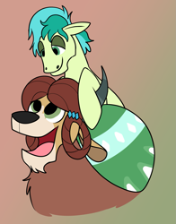 Size: 1443x1836 | Tagged: safe, artist:radicalhat, imported from derpibooru, sandbar, yona, earth pony, pony, yak, couple, female, lidded eyes, looking at each other, looking down, looking up, male, older, older sandbar, older yona, shipping, stallion, straight, yonabar