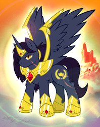 Size: 800x1011 | Tagged: safe, artist:molochtdl, imported from derpibooru, oc, oc only, oc:prince reigngold, alicorn, pony, alicorn oc, horn, male, solo, stallion, wings