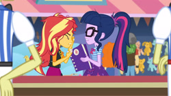 Size: 3410x1920 | Tagged: safe, imported from derpibooru, screencap, flam, flim, golden hazel, sandalwood, sci-twi, sunset shimmer, twilight sparkle, equestria girls, equestria girls series, rollercoaster of friendship, book, bowtie, clothes, cutie mark, cutie mark on clothes, eyes closed, female, flim flam brothers, geode of empathy, geode of telekinesis, glasses, jacket, jewelry, leather, leather jacket, magical geodes, male, messy hair, necklace, ponytail