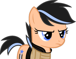 Size: 887x693 | Tagged: safe, artist:kingbases, artist:pegasski, imported from derpibooru, oc, oc only, oc:jettison, earth pony, pony, base used, bust, clothes, earth pony oc, eyelashes, female, mare, simple background, solo, transparent background, unamused