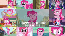 Size: 1280x718 | Tagged: safe, edit, edited screencap, editor:quoterific, imported from derpibooru, screencap, pinkie pie, earth pony, pony, a friend in deed, fall weather friends, father knows beast, inspiration manifestation, make new friends but keep discord, molt down, pinkie apple pie, she's all yak, sweet and elite, the crystalling, the mane attraction, the saddle row review, the ticket master, ^^, balloon, bipedal, bowl, breaking the fourth wall, collage, confetti, cute, diapinkes, eyes closed, female, floppy ears, happy birthday, hot air balloon, looking at you, male, mare, nose in the air, open mouth, party cannon, pinkie being pinkie, pinkie pie day, pinkie pie's birthday, smile song, smiling, solo, spoon, stallion, sugarcube corner, sweet apple acres, trotting, twilight's castle, twinkling balloon, volumetric mouth