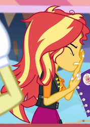 Size: 961x1353 | Tagged: safe, imported from derpibooru, screencap, flam, sunset shimmer, equestria girls, equestria girls series, rollercoaster of friendship, book, clothes, cropped, cutie mark, cutie mark on clothes, eyes closed, female, geode of empathy, jacket, jewelry, leather, leather jacket, magical geodes, male, messy hair, necklace