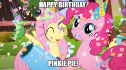 Size: 888x499 | Tagged: safe, artist:mlpfan3991, edit, edited screencap, imported from derpibooru, screencap, fluttershy, gummy, pinkie pie, alligator, earth pony, pegasus, pony, happy birthday to you!, breaking the fourth wall, duo, duo female, eyes closed, female, fluttershy's cottage, happy birthday, hat, looking at you, open mouth, party hat