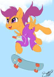 Size: 1237x1749 | Tagged: safe, artist:sketchiix3, imported from derpibooru, scootaloo, pegasus, pony, clothes, cloud, female, filly, hoodie, motion lines, open mouth, scootaloo can fly, skateboard, skaterloo, skating, sky, solo