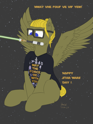 Size: 3000x4000 | Tagged: safe, artist:donnik, imported from derpibooru, oc, oc only, oc:donnik, pegasus, pony, clothes, glasses, lightsaber, may the fourth be with you, mouth hold, muffled words, shirt, sitting, solo, star wars, star wars day, weapon