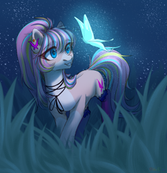 Size: 1312x1358 | Tagged: safe, artist:nika-rain, imported from derpibooru, oc, oc only, oc:bijou butterfly, butterfly, earth pony, pony, blue eyes, commission, cute, ear piercing, female, grass, night, pale belly, piercing, solo, ych result