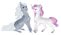 Size: 1280x733 | Tagged: safe, artist:glorymoon, imported from derpibooru, silver spoon, sweetie belle, classical unicorn, earth pony, pony, unicorn, cloven hooves, curved horn, cute, diasweetes, ear piercing, female, horn, jewelry, leonine tail, lesbian, necklace, older, older silver spoon, older sweetie belle, piercing, shipping, silverbelle, silverbetes, simple background, unshorn fetlocks, white background