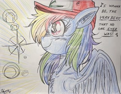 Size: 2771x2159 | Tagged: safe, imported from derpibooru, rainbow dash, pegasus, pony, anime, ash ketchum, colored, hat, high res, pokémon, song reference, theme song, traditional art