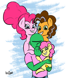 Size: 1828x2048 | Tagged: safe, artist:datzigga, imported from derpibooru, cheese sandwich, li'l cheese, pinkie pie, oc, oc:anon, earth pony, pony, the last problem, carrying, family photo, grumpy, older, older cheese sandwich, older pinkie pie, photo shoot