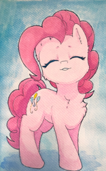 Size: 2321x3711 | Tagged: safe, artist:b_m, imported from derpibooru, pinkie pie, earth pony, pony, cheek fluff, chest fluff, cute, daaaaaaaaaaaw, diapinkes, ear fluff, eyes closed, female, high res, mare, smiling, solo, traditional art, watercolor painting