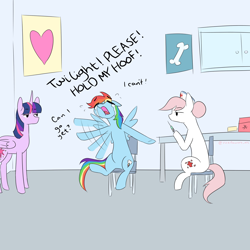 Size: 2000x2000 | Tagged: safe, artist:riceflowers_art, imported from derpibooru, nurse redheart, rainbow dash, twilight sparkle, alicorn, earth pony, pegasus, pony, adorable distress, covid-19 vaccine, crying, cute, dialogue, empty eyes, eyebrows, eyebrows visible through hair, eyes closed, frustrated, hat, high res, hospital, implied lesbian, implied shipping, implied twidash, lidded eyes, open mouth, pleading, scared, signature, sitting, spread wings, syringe, trio, trypanophobia, twilight is not amused, twilight sparkle (alicorn), twilight sparkle is not amused, unamused, wings