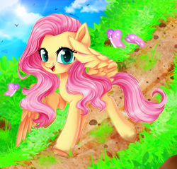 Size: 2251x2150 | Tagged: safe, artist:meqiopeach, imported from derpibooru, fluttershy, butterfly, pegasus, pony, blushing, butterfly wings, cloud, cute, equestria amino, grass, grass field, greeting, happy, high res, looking at you, mud, raised hoof, raised wings, road, rock, shyabetes, sky, smiling, smiling at you, solo, spread wings, spring, walking, weapons-grade cute, wings