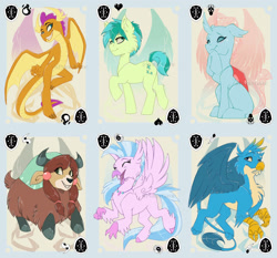 Size: 2232x2076 | Tagged: safe, artist:bluekite-falls, artist:sky-railroad, imported from derpibooru, gallus, ocellus, sandbar, silverstream, smolder, yona, changedling, changeling, classical hippogriff, dragon, earth pony, griffon, hippogriff, pony, yak, cheek fluff, dragoness, ear fluff, female, high res, male, prance card game, student six, teenager, watermark