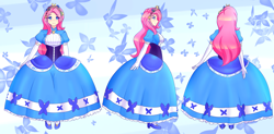 Size: 3655x1800 | Tagged: source needed, useless source url, safe, artist:jonfawkes, imported from derpibooru, fluttershy, human, adorasexy, beautiful, breasts, clothes, corset, crown, cute, different angles, dress, evening gloves, front view, gloves, gown, high heels, humanized, jewelry, lipstick, long gloves, princess fluttershy, rear view, reference sheet, regalia, sexy, shoes, side view, sideboob, solo, tiara