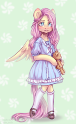 Size: 1540x2500 | Tagged: safe, artist:zefirka, imported from derpibooru, fluttershy, semi-anthro, clothes, cute, plushie, shoes, shyabetes, socks, solo, stockings, teddy bear, thigh highs