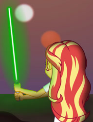 Size: 1024x1338 | Tagged: safe, artist:emeraldblast63, imported from derpibooru, sunset shimmer, equestria girls, crossover, lightsaber, solo, star wars, sunset, tatooine, weapon