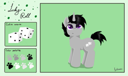 Size: 929x557 | Tagged: safe, artist:juliana, artist:julie25609, imported from derpibooru, oc, oc only, oc:lucky roll, pony, unicorn, black mane, colored pupils, cutie mark, horn, looking up, male, reference sheet, signature, smiling, solo, solo male, stallion, unicorn oc