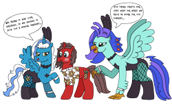 Size: 3264x2000 | Tagged: safe, artist:supahdonarudo, imported from derpibooru, oc, oc only, oc:fleurbelle, oc:ironyoshi, oc:sea lilly, alicorn, classical hippogriff, hippogriff, unicorn, birthday, blushing, bowtie, bunny ears, bunny suit, clothes, dialogue, fishnets, high res, lucky bastard, shirt, simple background, speech bubble, text, this will end in snu snu, transparent background