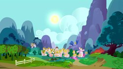 Size: 1280x720 | Tagged: safe, imported from derpibooru, screencap, filli vanilli, apple, apple tree, background, day, morning, mountain, ponyville, scenic ponyville, sun, tree, windmill