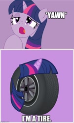 Size: 500x832 | Tagged: safe, artist:frisco1522, editor:professorventurer, imported from derpibooru, twilight sparkle, pony, i'm a tire, imgflip, mario, meme, onomatopoeia, pun, purple background, reference, simple background, super mario bros., tire, tired, visual pun, yawn