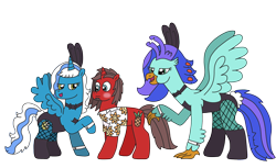 Size: 3264x2000 | Tagged: safe, alternate version, artist:supahdonarudo, derpibooru exclusive, imported from derpibooru, oc, oc only, oc:fleurbelle, oc:ironyoshi, oc:sea lilly, alicorn, classical hippogriff, hippogriff, unicorn, blushing, bowtie, bunny ears, bunny suit, clothes, fishnets, high res, shirt, simple background, this will end in snu snu, transparent background