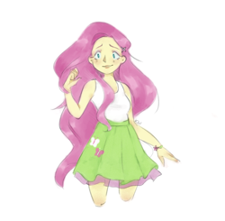 Size: 1138x1113 | Tagged: safe, artist:kiwifuuu, imported from derpibooru, fluttershy, equestria girls, clothes, simple background, skirt, smiling, solo, tanktop, white background