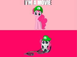 Size: 1052x777 | Tagged: safe, imported from derpibooru, pinkie pie, earth pony, pony, i'm a movie, luigi, meme, movie, pink background, pun, simple background, solo, super mario bros., visual pun