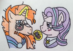 Size: 2922x2056 | Tagged: safe, artist:dragonpriness, imported from derpibooru, starlight glimmer, sunburst, alicorn, pony, blushing, female, high res, magic, male, marriage proposal, shipping, starburst, straight, traditional art