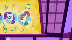 Size: 1280x720 | Tagged: safe, imported from derpibooru, screencap, rarity, toe-tapper, torch song, filli vanilli, background, music notes, night, no pony, scenic ponyville, sugarcube corner, the ponytones, wall, window