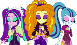 Size: 4475x2604 | Tagged: safe, artist:zoe-975, edit, imported from derpibooru, vector edit, adagio dazzle, aria blaze, sonata dusk, equestria girls, equestria girls series, find the magic, spoiler:eqg series (season 2), absurd resolution, clothes, eyes closed, eyeshadow, greenbutt pants, high res, jacket, makeup, simple background, smiling, taco dress, the dazzlings, the dazzlings have returned, transparent background, trio, vector
