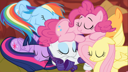 Size: 1366x768 | Tagged: safe, imported from derpibooru, applejack, fluttershy, pinkie pie, rainbow dash, rarity, twilight sparkle, alicorn, earth pony, pegasus, unicorn, belly, eaten alive, endosoma, eyes closed, floppy ears, flutterprey, inside stomach, lying down, mane six, multiple prey, non-fatal vore, pinkie prey, preydash, preyjack, preylight, prone, rariprey, sleeping, smiling, stomach noise, twilight sparkle (alicorn), vore, vore day