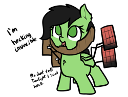 Size: 849x650 | Tagged: safe, artist:neuro, imported from derpibooru, oc, oc only, oc:filly anon, earth pony, pony, chest fluff, clothes, cosplay, costume, cute, dialogue, ear fluff, earth pony oc, female, filly, meme, metal gear, metal gear rising, no pupils, open mouth, simple background, solo, sundowner, video game reference, white background